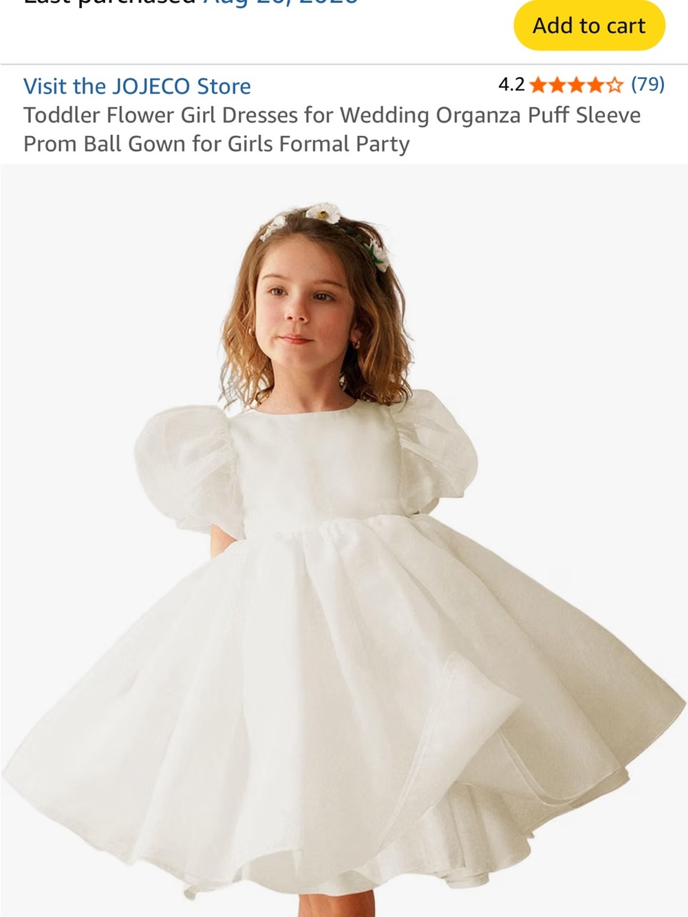 Amazon White Flower Girl Puff Sleeve Organza Formal Dress